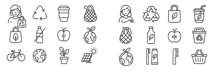 Poster - Eco-friendly lifestyle icons featuring recycling, sustainability, and personal care depicted in simple line art against a white background