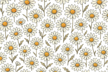 Aufkleber - Flowers cover a seamless pattern featuring daisies in various stages of blooming on a light background