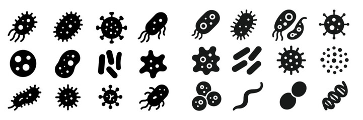 Poster - Black silhouettes of various bacteria and microbes on a white background showcasing diverse shapes and forms commonly studied in microbiology