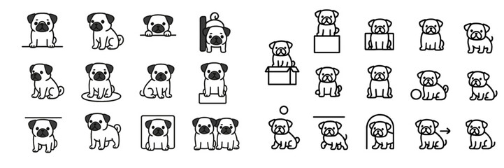 Aufkleber - Collection of cute and playful pug illustrations in various poses and activities suitable for design projects