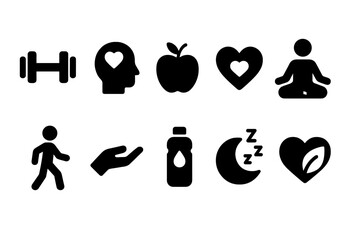 Poster - Wellness icons representing fitness, mental health, nutrition, mindfulness, hydration, and sleep habits for a balanced lifestyle