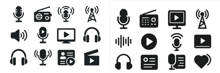 Poster - Collection of audio and video icons representing communication and media technology at the forefront of digital entertainment