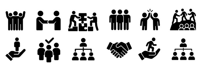 Poster - Diverse teamwork and collaboration icons representing various activities and interactions in a business or community setting