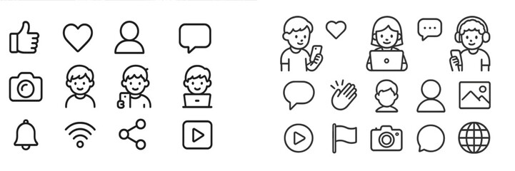 Fototapete - Collection of digital communication icons illustrating various social media interactions and activities