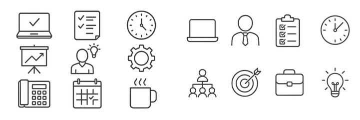 Fototapete - Various business icons depicting productivity tools, team collaboration, and time management in a modern workspace