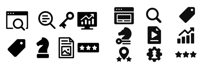 Poster - Collection of black icons representing search, analytics, and user engagement in digital marketing strategies