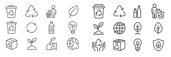 Aufkleber - Icons representing recycling, waste management, and eco-friendly practices in a clean, organized layout for educational use