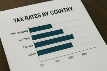 Poster - Tax Rates Comparison Chart for United States, Germany, Canada, and Japan on a Wooden Table