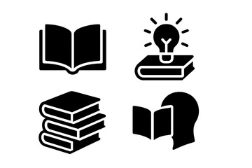 Aufkleber - Symbols representing knowledge and learning with open books and lightbulb icons in a simple black design