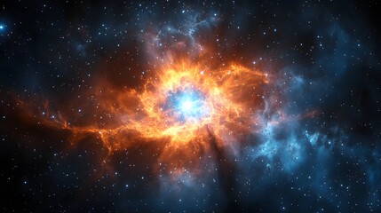 Wall Mural - A cosmic nebula with a bright center surrounded by orange and blue clouds in a starry sky