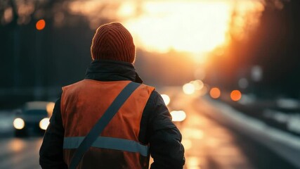 Poster - A person wearing an orange vest and hat, likely for safety or identification purposes
