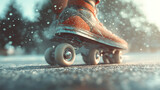 3D render of a close-up on roller skate wheels rolling over textured pavement, dust particles flying