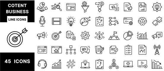 Poster - Content Business Line Icons Set – SEO, Funnels, Targeting, Strategy, Charts, Analytics, Marketing, Planning, Reports, and Online Campaign Symbols for Digital Design