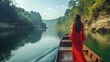 © ANDREI - girl in a red dress sitting on a boat on a clear, green lake, with lush green mountains and trees surrounding the area.