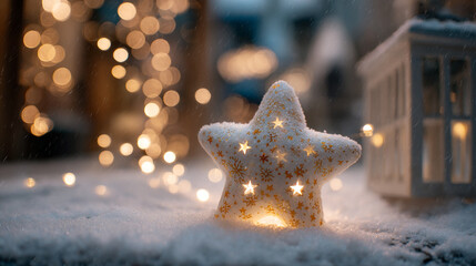 Poster - Winter holiday star light decoration with christmas lights and snow for festive backgrounds