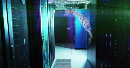 Poster - When red-white points forming between server racks, globe assembling and rotating showing data