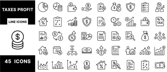 Poster - Taxes and Profit Line Icons Set – Finance, Earnings, Investment, Budgeting, Revenue Growth, Tax Reports, Percentage, Wallet, and Money Management Symbols