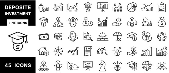 Poster - Deposit Investment Line Icons – Financial Growth, Savings, Earnings, ROI, Bank Interest, Money Strategy, Gold, Umbrella Funds, Income Graphs, and Wealth Icons