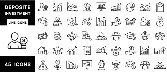 Poster - Deposit Investment Line Icons – Financial Growth, Savings, Earnings, ROI, Bank Interest, Money Strategy, Gold, Umbrella Funds, Income Graphs, and Wealth Icons