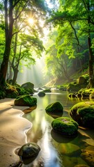 Poster - Serene Natural Scene with Soft Textures and Misty Stones by Water