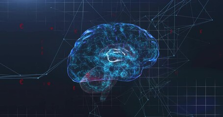 Poster - Upon emerging glowing 3D brain rotating via side and front view pulsing networks to visualize data
