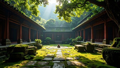 Poster - Serene Atmosphere in an Ancient Temple Courtyard Surrounded by Nature