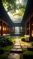 Poster - Tranquil Atmosphere in Ancient Temple Courtyard Surrounded by Greenery