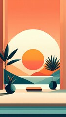 Poster - Serene Minimalist Landscape with Sunset and Tropical Plants