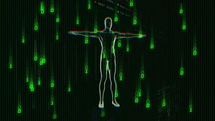 Poster - Upon starting humanoid rotating, panels materializing, fading into code rain showing market trend