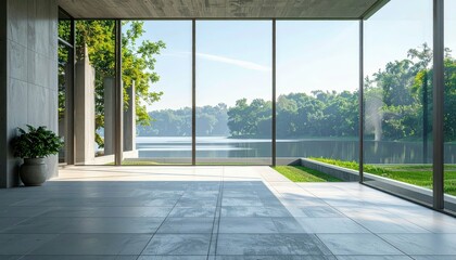 Poster - Serene Interior Space with Panoramic View of Tranquil Lake and Nature