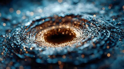 Poster - Abstract digital vortex with glowing golden particles and blue microchip-like patterns, forming a tunnel shape