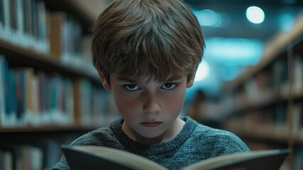 Poster - A young boy sitting at a table in a quiet library, focused on reading a book