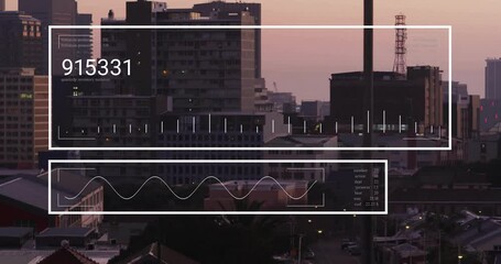 Poster - HUD frames emerging over dusk skyline, numbers updating bars rising waveform waving for monitoring