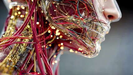 Poster - Close-up of a futuristic transparent human head with glowing neural circuits and synthetic veins, showcasing advanced bioengineering