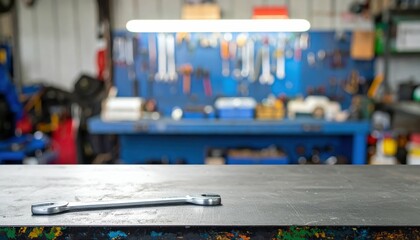 Poster - Tools on Workshop Desk with Mechanic Equipment in Background