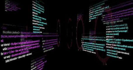 Poster - Glowing rings forming in void starting code panels sliding and orbiting to illustrate interface