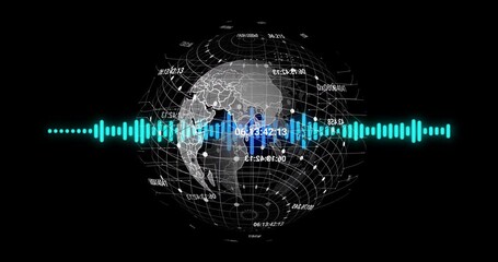 Poster - Dark background showing 3D wireframe globe pulsing waveform codes rotating eastward displaying data