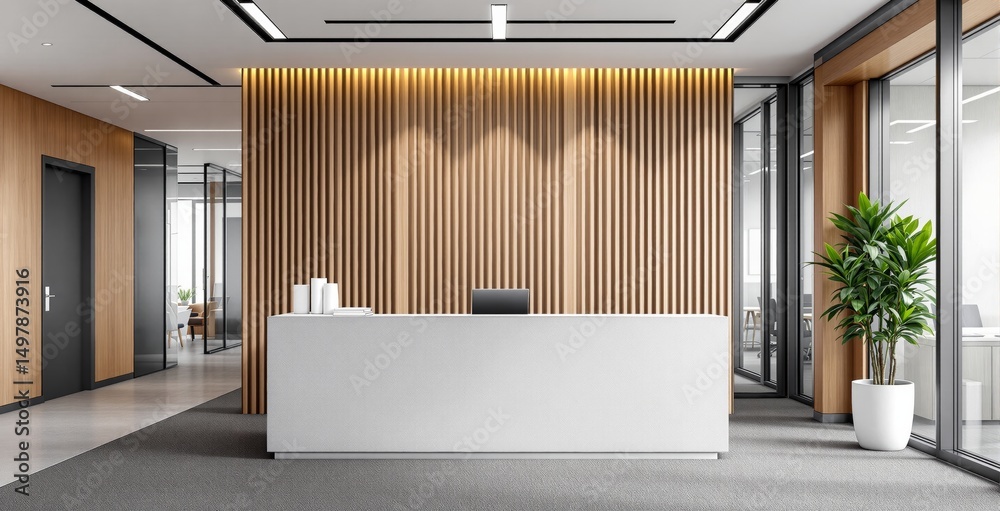 Minimalist office reception with white desk, wooden slat wall, and ...