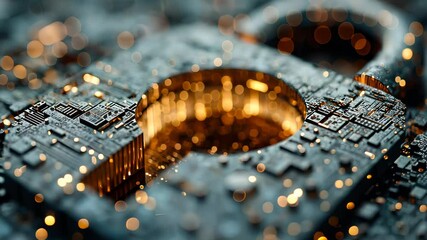 Poster - Abstract digital lock symbol composed of black circuitry and glowing orange dots, representing cybersecurity and data protection