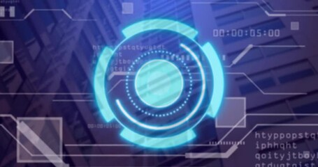 Poster - Holographic HUD fading, rotating rings pulsing, code updating, progress filling, visualizing data