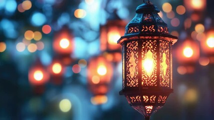 Aufkleber - A close-up shot of a lantern with glowing lights in the background, suitable for use in various contexts such as interior design or photography