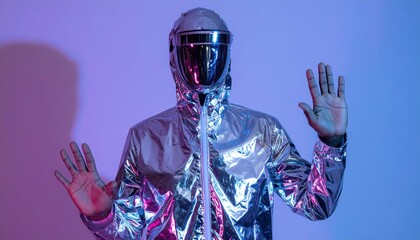 Poster - Holographic Illusion Suit Projection with Hands Raised in Stylish Pose