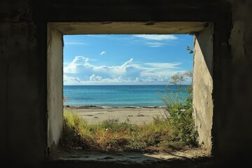 Wall Mural - breezy vista: open window framing a serene beach and ocean under a blue sky