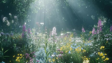 Poster - A serene scene of a field of flowers bathed in sunlight filtering through the trees