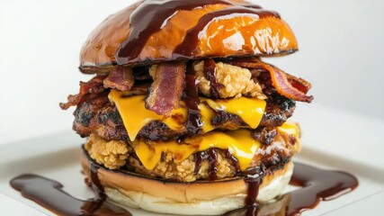 Poster - A juicy burger topped with crispy bacon and melted cheese, served on a plate