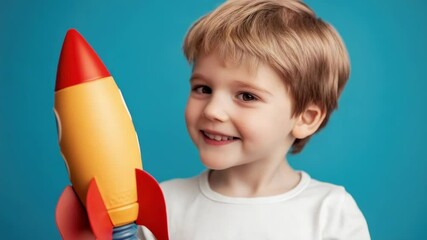 Poster - A young boy holds a toy rocket ship, great for children's products or illustrations