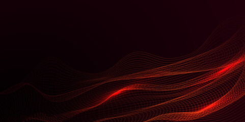 Fototapete - Abstract wavy red curved line on dark black background. vector futuristic background with particle waves Beautiful shaped array of glowing line. abstract volume voice technology vibrate and music bg.	