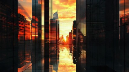 Aufkleber - A city skyline seen through a glass wall at sunset