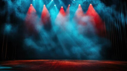 Poster - A stage lit by red and blue lights with smoke effect, suitable for concerts or events