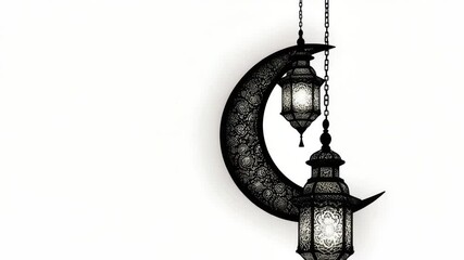 Poster - A black and white photo of a crescent moon with a lantern hanging from it